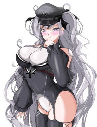  :3 @_@ anchor_hat_ornament azur_lane bare_shoulders black_hair black_ribbon blue_eyes blush breasts cross cross-laced_clothes cross-laced_legwear curly_hair earrings elbe_(azur_lane) female groin hair_between_eyes hair_ornament hair_ribbon hairclip hand_on_own_face hand_up hat hat_ornament highres hip_focus iron_cross jewelry kei4 large_breasts leaning_forward leaning_to_the_side long_hair long_sleeves multicolored_hair oerba_yun_fang pink_eyes ribbon skindentation solo thighs two-tone_eyes two-tone_hair very_long_hair white_hair 