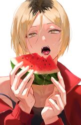  1boy absurdres aimitkkays blonde_hair commentary_request food fruit haikyuu!! highres holding_watermelon jacket kozume_kenma looking_at_viewer male_focus multicolored_hair open_mouth red_jacket short_hair single_bare_shoulder solo streaked_hair teeth tongue upper_body watermelon yellow_eyes 