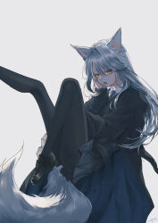  animal_ear_fluff animal_ears black_jacket black_pantyhose black_skirt black_sweater blue_necktie collared_shirt commission female foot_out_of_frame grey_hair hair_between_eyes hand_on_own_face highres jacket kurosujuu long_hair necktie open_mouth original pantyhose pleated_skirt shirt skeb_commission skirt solo sweater tail white_shirt wolf_ears wolf_girl wolf_tail yellow_eyes 