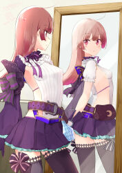  :o atelier_(series) atelier_lydie_&amp;_suelle belt belt_pouch breasts brown_belt clothing_cutout cosplay cowboy_shot female full-length_mirror highres indoors long_hair looking_at_mirror looking_at_self lydie_malen lydie_malen_(cosplay) minidraco mirror pink_hair pleated_skirt pouch purple_skirt purple_thighhighs reflection shirt side_cutout sideboob skirt small_breasts solo standing suelle_malen thighhighs white_shirt 