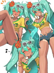  alternate_costume aqua_eyes aqua_hair bikini bikini_under_clothes blue_bikini bra_strap bracelet brazilian_flag_print brazilian_miku can closed_eyes commentary_request cropped_shirt dark-skinned_female dark_skin denim denim_shorts drink_can earrings eyewear_on_head female flower gold_bracelet guarana_antarctica hair_flower hair_ornament hatsune_miku highres holding holding_can jewelry kanimiso_uni long_hair multiple_views navel open_fly open_mouth orange_flower print_shirt rectangular_earrings shaka_sign shirt short_shorts shorts simple_background smile sunglasses swimsuit twintails v very_long_hair vocaloid white-framed_eyewear white_background yellow_shirt 