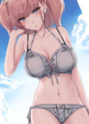  absurdres anchor_hair_ornament atlanta_(kancolle) atlanta_(swimsuit_mode)_(kancolle) bikini blue_sky blush breasts brown_hair cloud cloudy_sky collarbone commentary_request cowboy_shot earrings female grey_bikini grey_eyes hair_ornament highres jewelry kantai_collection kiritto large_breasts long_hair looking_at_viewer navel sky star_(symbol) star_earrings stomach swimsuit two_side_up 