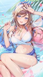  arm_up bikini blue_nails blush bracelet breasts brown_hair cleavage commentary_request day falling_petals feet_out_of_frame female fingernails floating gakuen_idolmaster hair_between_eyes hair_ribbon hand_up head_tilt highres himesaki_rinami idolmaster innertube jewelry kainown large_breasts light_rays long_hair looking_at_viewer multicolored_nails nail_polish navel necklace open_mouth outdoors palm_leaf petals purple_eyes red_nails ribbon sidelocks smile solo stomach striped_nails swim_ring swimsuit teeth thighs upper_teeth_only water wet 