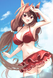  animal_ears arm_up armpits bare_arms bare_shoulders bikini blue_sky breasts brown_hair cleavage cloud commentary_request daiwa_scarlet_(trifle_vacation)_(umamusume) daiwa_scarlet_(umamusume) day female frilled_bikini frills front-tie_bikini_top front-tie_top hair_between_eyes hair_bobbles hair_ornament highres horse_ears horse_girl horse_tail large_breasts layered_bikini long_hair low_twintails meyamu outdoors red_bikini red_eyes sky solo standing swimsuit tail twintails umamusume very_long_hair water 