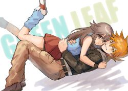  1boy black_jacket black_wristband blue_oak blue_shirt blue_socks breast_press breasts brown_eyes brown_footwear brown_hair brown_pants character_name closed_mouth cowgirl_position feet_up female foot_out_of_frame grin highres hug jacket kash-phia knees_up large_breasts leaf_(pokemon) long_hair looking_at_viewer loose_socks lying no_headwear on_back orange_eyes orange_hair pants pokemon pokemon_frlg red_skirt shirt shoes short_hair skirt sleeveless sleeveless_shirt smile socks spiked_hair straight white_footwear wristband 