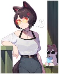  :p animal_ears arm_at_side arm_rest belt black_choker blue_shorts border breasts brown_belt brown_hair buckle choker cleavage closed_mouth collarbone cowboy_shot dog_ears dog_girl dog_tail female flower flower_choker hair_flower hair_ornament hatyuuruinohito high-waist_shorts highres inui_toko jewelry large_breasts long_bangs looking_at_viewer nijisanji off-shoulder_shirt off_shoulder orange-tinted_eyewear orange_eyes pendant round_eyewear shirt short_hair short_sleeves shorts simple_background solo sunglasses tail thought_bubble tinted_eyewear tongue tongue_out virtual_youtuber white_background white_border white_shirt 