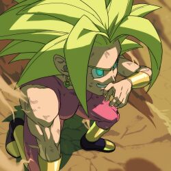  absurdres crop_top dragon_ball dragon_ball_super earrings english_commentary female green_hair highres jewelry kefla_(dragon_ball) muscular muscular_female nachairo pants potara_earrings purple_tank_top saiyan smile solo spiked_hair super_saiyan tank_top 