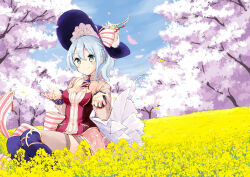  ascot atelier_(series) bare_shoulders blue_ascot blue_eyes blue_hair blue_hat blue_sky bow breasts cherry_blossoms cleavage closed_mouth cloud day female field flower flower_field hair_between_eyes hands_up hat hat_bow highres long_hair long_sleeves looking_at_viewer medium_breasts minidraco nelke_to_densetsu_no_renkinjutsushi_tachi nelke_von_luchetam outdoors petals red_shirt shirt side_ponytail sitting sky smile solo spring_(season) striped_bow thighhighs tree yellow_flower 