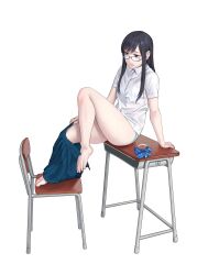  absurdres barefoot black_eyes black_hair blue_panties bow bowtie collared_shirt commentary_request desk dress_shirt female full_body glasses highres long_hair original panties school_desk school_uniform shirt sidelocks simple_background sitting skirt solo underwear unworn_bowtie unworn_skirt white_background white_shirt yuuji_(and) 