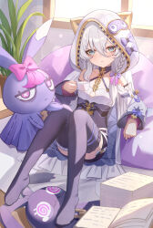  absurdres animal_hood bare_shoulders blue_eyes bodysuit braid breasts cat_hood chain_around_neck chains detached_sleeves female hair_between_eyes highres honkai_(series) honkai_impact_3rd hood indoors long_hair looking_at_viewer medium_hair meme moonct no_shoes plant potted_plant purple_bodysuit purple_thighhighs single_braid sitting small_breasts solo stuffed_animal stuffed_toy teri_derp_(meme) theresa_apocalypse theresa_apocalypse_(schicksal&#039;s_imperative) thighhighs thighs too_many_papers white_hair white_hood window 