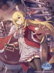  azur_lane black_garter_straps black_thighhighs blonde_hair blue_ribbon breasts cape copyright_name cowboy_shot dutch_angle female fur-trimmed_cape fur_trim garter_straps gold_trim hair_between_eyes hair_ribbon highres holding holding_sword holding_weapon jacket king_george_v_(azur_lane) large_breasts long_hair medal miniskirt nishikawa_eito official_art outstretched_arm pleated_skirt red_eyes red_jacket ribbon rigging sheath skirt solo sword thighhighs turret unsheathing weapon white_skirt zettai_ryouiki 