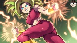  absurdres alejandro_pupo breasts crop_top dragon_ball dragon_ball_super earrings english_commentary female green_hair highres jewelry kefla_(dragon_ball) looking_at_viewer midriff muscular muscular_female pants potara_earrings purple_tank_top saiyan smile solo spiked_hair super_saiyan tank_top 