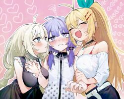  3girls :d ahoge antenna_hair arm_between_breasts bare_shoulders belt between_breasts black_choker black_dress black_pants blonde_hair blue_eyes blue_hairband blush bow_hairband bra breast_press breasts character_request choker closed_eyes collarbone cowboy_shot dot_nose dress facing_another flat_chest frilled_dress frills grabbing_another&#039;s_arm green_eyes green_hair hair_between_eyes hair_ornament hairband hairpin heart holding_hands jewelry large_breasts long_bangs long_hair long_sleeves looking_at_viewer low-braided_long_hair low-tied_long_hair multiple_girls off-shoulder_shirt off_shoulder one_side_up open_mouth outline pants parted_lips pendant pink_background purple_eyes purple_hair red_bra shirt sidelocks simple_background sleeveless sleeveless_dress sleeveless_shirt smile sweatdrop tsurumaki_maki underwear voiceroid white_belt white_outline white_shirt yoshino_ns yuri yuzuki_yukari 