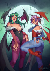  2girls animal animal_print ass bare_shoulders bat_(animal) bat_print bat_wings black_wings blue_gloves blue_pantyhose boots breasts bridal_gauntlets clothing_cutout covered_navel cutout_above_navel darkstalkers demon_girl fangs flat_chest full_moon fur-trimmed_leotard fur_trim gloves green_eyes green_hair green_sky gui_borba hand_on_lap hand_on_own_ass hand_on_own_hip hand_on_own_shoulder hand_on_own_thigh head_wings heart_cutout high_heel_boots high_heels highres knee_up leg_up leotard lilith_(darkstalkers) lipstick long_hair looking_at_viewer low_wings makeup medium_breasts moon morrigan_aensland multiple_girls night off-shoulder_leotard open_mouth pantyhose parted_lips print_pantyhose purple_hair purple_lips purple_pantyhose purple_wings red_eyes red_footwear red_leotard short_hair sky smile spread_fingers standing wings 