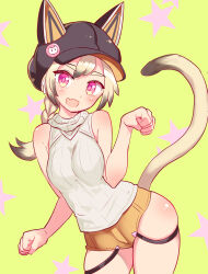  animal_ears animal_hat black_hair black_hat braid braided_ponytail cabbie_hat cat_girl cat_hat cat_tail cougar_(cougar1404) cowboy_shot female gradient_hair grey_hair hat key_(cougar1404) leaning_to_the_side long_hair looking_at_viewer micro_shorts multicolored_hair oerba_yun_fang open_mouth original paw_pose pink_eyes ribbed_shirt shirt shorts single_braid skin_fang sleeveless sleeveless_shirt smile standing starry_background tail thigh_strap white_shirt yellow_background yellow_shorts 