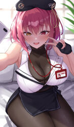  absurdres bare_shoulders beret black_bra black_gloves black_hat black_leotard black_pantyhose black_skirt blurry blurry_background blush bra bra_visible_through_clothes breasts cellphone cleavage couch covered_collarbone female fingerless_gloves gloves hat heterochromia highres hololive houshou_marine houshou_marine_(businesswoman) huge_breasts id_card kuon_(kuon) lanyard leotard leotard_under_clothes looking_at_viewer medium_hair oerba_yun_fang official_alternate_costume official_alternate_hair_length official_alternate_hairstyle on_couch open_mouth pantyhose phone plant red_eyes red_hair shirt sitting skirt sleeveless sleeveless_shirt smartphone smile solo underwear v virtual_youtuber white_shirt yellow_eyes 