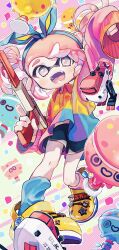  @_@ amezawa_koma arm_up asymmetrical_legwear autobomb_(splatoon) black_shorts blue_hairband blue_ribbon blue_shirt blue_socks blush bow_hairband collared_shirt commentary_request confetti crocs dolphin_shorts fangs female flat_chest full_body grey_eyes hair_ribbon hairband highres holding holding_weapon inkling inkling_girl inkling_player_character long_sleeves midriff_peek mismatched_legwear multicolored_shirt n-zap_(splatoon) open_mouth outline pink_hair pink_shirt pink_socks ribbon shirt short_hair short_twintails shorts sidelocks single_sleeve_past_fingers socks solo splatoon_(series) splatoon_3 suction_cups super_chump_(splatoon) tentacle_hair thick_eyebrows twintails watermark weapon white_outline yellow_footwear yellow_shirt 