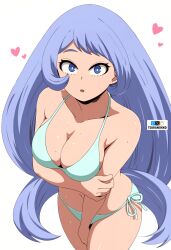  bikini blue_bikini blue_eyes blue_hair boku_no_hero_academia breasts cleavage fanbox_logo female hadou_nejire heart highres large_breasts long_hair navel open_mouth pixiv_logo side-tie_bikini_bottom simple_background solo sweat swimsuit tsuranukko twitter_x_logo very_long_hair white_background 