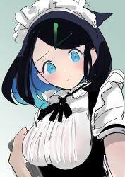  alternate_breast_size alternate_costume black_dress black_hair black_ribbon blouse blue_eyes blue_hair blush breasts close-up colored_inner_hair cowlick dress female frilled_hairband frills frown hair_ornament hairband hairclip highres holding_to_chest large_breasts liko_(pokemon) looking_at_viewer maid_headdress multicolored_hair neck_ribbon pokemon pokemon_(anime) pokemon_horizons ribbon shirt short_hair short_sleeves sleeveless sleeveless_dress underbust waitress waopk1 white_shirt 