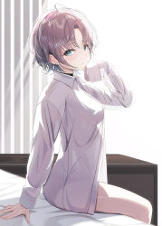  absurdres arm_support asakura_toru black_choker black_panties blue_eyes blush breasts choker collared_shirt female highres idolmaster idolmaster_shiny_colors indoors large_breasts light_brown_hair looking_at_viewer panties see-through see-through_shirt shirt short_hair sikimosh sitting solo underwear white_shirt 