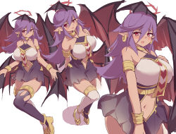  absurdres black_dress bracelet breasts clothing_cutout dark_skin darklord_ixchel demon_wings dress duel_monster fallen_angel female halo highres huge_breasts jewelry kanzakietc multiple_views navel purple_hair red_eyes sleeveless sleeveless_dress solo stomach_cutout strapless strapless_dress wings yu-gi-oh! 