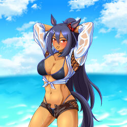  absurdres alternate_costume animal_ears armpit_cutout armpits arms_up bikini black_bikini black_choker black_hair blue_sky blush breasts brown_shorts choker cleavage clothing_cutout cloud collarbone commentary_request cowboy_shot dark-skinned_female dark_skin day ear_ornament ear_scrunchie female hair_between_eyes hair_ornament hair_tie_in_mouth hairclip highleg highleg_bikini highres hishi_amazon_(umamusume) horse_ears horse_girl horse_tail korean_commentary large_breasts long_hair looking_at_viewer mouth_hold navel obliques ocean oerba_yun_fang open_fly outdoors ponytail red_eyes red_scrunchie rottenorang scrunchie shirt short_shorts shorts sidelocks sky sleeves_past_elbows solo standing stomach swimsuit tail tied_shirt tying_hair umamusume wet wet_clothes wet_shirt 