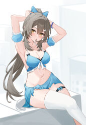  absurdres alternate_costume alternate_hairstyle arm_up armpits blue_bow blue_shirt blue_skirt blush bow breasts cleavage collarbone feet_out_of_frame female grey_hair hair_between_eyes hair_ornament hair_tie_in_mouth hairbow hairclip halterneck hand_up highres honkai:_star_rail honkai_(series) lao_xi large_breasts long_hair looking_at_viewer mouth_hold navel ponytail shirt sidelocks single_thighhigh sitting skirt solo stelle_(honkai:_star_rail) stomach thigh_strap thighhighs trailblazer_(honkai:_star_rail) tying_hair very_long_hair white_thighhighs yellow_eyes 