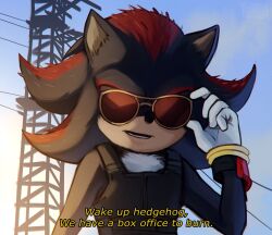  2024 5_fingers actor_allusion anthro asdrubal biped black_body black_fur black_nose cd_projekt_red clothing crossover cyberpunk_2077 dialogue english_text eulipotyphlan eyewear fingers front_view fur gloves grainy handwear hedgehog hi_res johnny_silverhand_(cyberpunk_2077) looking_at_viewer male mammal meme open_mouth outside power_lines sega shadow_the_hedgehog solo sonic_the_hedgehog_(film) sonic_the_hedgehog_(paramount) sonic_the_hedgehog_(series) sonic_the_hedgehog_3_(film) sunglasses text topwear vest white_body white_clothing white_fur white_gloves white_handwear 