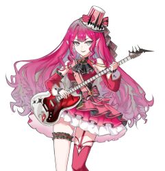  baobhan_sith_(fate) bare_shoulders breasts detached_sleeves dress electric_guitar fate/grand_order fate_(series) female frilled_dress frills grey_eyes guitar hat highres holding holding_guitar holding_instrument instrument long_hair looking_at_viewer oerba_yun_fang open_mouth pink_dress pink_hair pink_hat pink_thighhighs pointy_ears sidelocks single_thighhigh smile solo thigh_strap thighhighs weibo_5585316928 white_background 