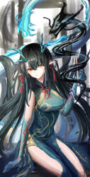  absurdres arknights black_hair blue_dress blue_horns breasts china_dress chinese_clothes colored_skin dragon dragon_girl dragon_horns dragon_tail dress dusk_(arknights) dusk_(everything_is_a_miracle)_(arknights) earrings eastern_dragon_tail feet_out_of_frame female highres horns ink jewelry long_hair long_tail looking_at_viewer official_alternate_costume ohagi_umeume paintbrush pointy_ears red_eyes sleeveless sleeveless_dress solo tail tassel tassel_earrings 