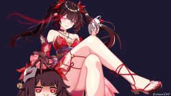  absurdres artist_name bare_shoulders bell black_choker brown_hair butterfly-shaped_pupils choker criss-cross_halter dream.cat dress female flower_tattoo fox_mask gloves glowing glowing_eye halterneck highres holding holding_mask honkai:_star_rail honkai_(series) long_hair mark_under_both_eyes mask neck_bell red_dress red_eyes red_nails red_sleeves sandals simple_background single_glove sparkle_(doll)_(honkai:_star_rail) sparkle_(honkai:_star_rail) symbol-shaped_pupils tattoo twintails 