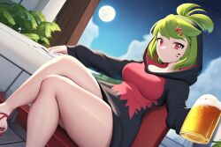  ai-generated beer_mug black_hoodie bored breasts closed_mouth cloud crossed_legs cup female green_hair hair_ornament hood hoodie leaf medium_breasts melony_(smg4) moonlight mug night no_socks red_eyes sandals sitting sky smg4 thick_thighs thighs 