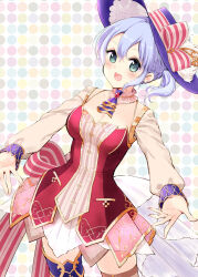  :d ascot atelier_(series) blue_ascot blue_eyes blue_hair blue_hat blush bow breasts cleavage cowboy_shot detached_collar dress female hair_between_eyes hat hat_bow highres long_sleeves looking_at_viewer medium_breasts minidraco nelke_to_densetsu_no_renkinjutsushi_tachi nelke_von_luchetam open_mouth outstretched_arms red_dress short_hair side_ponytail smile solo standing striped_bow 