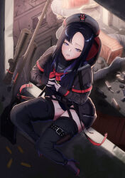  absurdres black_hair blush breast_conscious breasts bullet cloak eunhwa_(nikke) female forehead goddess_of_victory:_nikke grabbing_own_breast gun hat high_heels highres hood hooded_cloak long_hair looking_at_viewer medium_breasts motsoda multicolored_hair purple_eyes purple_hair rifle sniper_rifle solo two-tone_hair weapon 