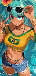  aqua_eyes aqua_hair bare_shoulders bra_strap bracelet brazilian_flag brazilian_miku crop_top dark_skin denim denim_shorts english_commentary eyewear_on_head female flower green_nails grin hair_flower hair_ornament hands_up hatsune_miku highres jewelry laz_gm long_hair looking_at_viewer midriff nail_polish navel off-shoulder_shirt off_shoulder open_fly orange_flower shirt short_shorts short_sleeves shorts smile solo standing stomach sunglasses twintails very_long_hair vocaloid w wading water yellow_nails yellow_shirt 