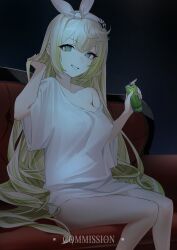  absurdres blonde_hair bottomless breasts can commission couch covered_nipples female girls&#039;_frontline_2:_exilium gwendolynstore hair_ornament hairband hand_in_own_hair highres holding holding_can long_hair monster_energy naked_shirt on_couch sharkry_(girls&#039;_frontline_2) shirt sitting smile solo symbol-shaped_pupils t-shirt white_hairband white_shirt 