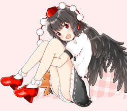  bird_wings black_hair black_skirt black_wings blush bobby_socks commentary feathered_wings female geta hat hauchiwa highres hugging_own_legs looking_at_viewer open_mouth pom_pom_(clothes) puffy_short_sleeves puffy_sleeves red_eyes red_footwear red_hat ribbon-trimmed_skirt ribbon_trim rozugadena shameimaru_aya shirt short_sleeves skirt smile socks solo tengu-geta tokin_hat touhou white_shirt white_socks wings 