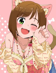  :3 ;d absurdres animal_ears blouse blush bra_strap breasts brown_hair cat_ears cat_tail cleavage dr._gero_(staedtler_0508) female floral_print green_eyes hand_up heart heart_necklace highres idolmaster idolmaster_cinderella_girls jacket jewelry leaning_forward maekawa_miku medium_breasts nail_polish necklace oerba_yun_fang off_shoulder one_eye_closed pink_background pink_shirt shirt short_hair smile solo sparkling_eyes tail yellow_jacket 