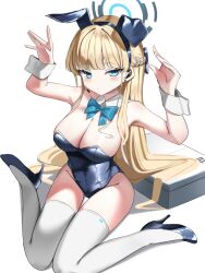  animal_ears blonde_hair blue_archive blue_bow blue_bowtie blue_eyes blue_footwear blue_halo bow bowtie breasts cleavage closed_mouth fake_animal_ears female halo highres large_breasts long_hair looking_at_viewer official_alternate_costume playboy_bunny rabbit_ears sandia shoes simple_background solo thighhighs toki_(blue_archive) toki_(bunny)_(blue_archive) white_background white_thighhighs 