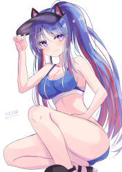  absurdres animal_hat bikini blue_bikini blue_hair breasts cat_hat female hat hat_with_ears highres hizaka kantai_collection large_breasts long_hair multicolored_hair official_alternate_costume one-hour_drawing_challenge ponytail red_hair simple_background solo south_dakota_(kancolle) south_dakota_kai_(swimsuit_mode)_(kancolle) sports_bikini squatting swimsuit visor_cap white_background white_hair 