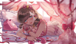  antique_phone balloon bed blue_eyes blush bow bow_earrings bow_hairband breasts brown_hair canopy_bed cleavage collar earrings female frilled_negligee frilled_panties frills gloves hairband heart heart-shaped_pupils heart_balloon heart_collar heart_earrings highres idolmaster idolmaster_cinderella_girls jewelry lingerie long_hair looking_at_viewer lying medium_breasts nail_polish negligee on_bed on_stomach open_mouth panties phone pillow pink_bow pink_collar pink_hairband pink_nails pink_negligee pink_panties ro_torobo rotary_phone sakuma_mayu see-through single_glove solo string string_of_fate symbol-shaped_pupils underwear 