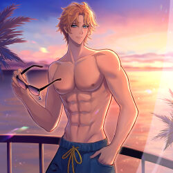  1boy 713meng abs balcony blonde_hair blue_eyes blue_shorts closed_mouth cloud cowboy_shot curtained_hair ear_piercing earrings hand_in_pocket highres holding holding_removed_eyewear jewelry lars_rorschach looking_at_viewer lovebrush_chronicles male_focus ocean palm_tree parted_bangs pectorals piercing short_hair shorts smile solo standing stud_earrings sunglasses sunset topless_male tree unworn_eyewear 