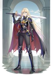  absurdres alternate_costume armor armored_boots azur_lane bismarck_(azur_lane) bismarck_(coat_of_arms) black_armor blonde_hair blue_eyes boots cloak commentary commission english_commentary female full_body gauntlets greaves hair_between_eyes highres holding holding_sword holding_weapon long_hair reflective_floor suprii sword tile_floor tiles weapon 