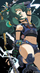  absurdres android arm_up battery black_buruma black_footwear black_shirt black_socks blue_vest braid buruma crop_top electricity english_text female fingerless_gloves flat_chest gloves green_eyes green_hair highres holding holding_weapon knee_pads long_hair looking_to_the_side midriff navel open_mouth pouch qingyi_(zenless_zone_zero) radio shirt socks solo thick_thighs thighs vest weapon weibo_watermark wide_hips yuyin_(uzrv7533) zenless_zone_zero 