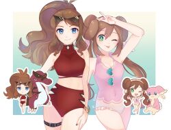  2girls absurdres audino bangle blue_eyes bracelet breasts brown_hair chibi chibi_inset cleavage closed_mouth commentary_request double_bun eyelashes eyewear_hang hair_bun heart heart-shaped_eyewear high_ponytail highres hilda_(pokemon) jewelry krookodile long_hair multiple_girls multiple_views nail_polish one-piece_swimsuit one_eye_closed pink_one-piece_swimsuit pokemon pokemon_(creature) pokemon_bw pokemon_bw2 red_nails rosa_(pokemon) ryusa_(gjgd7445) sidelocks smile sunglasses swimsuit thigh_strap tongue tongue_out twintails unworn_eyewear 