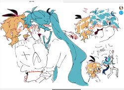  2girls black_bow blonde_hair blue_hair blush bow cheering closed_mouth commentary english_commentary hairbow hand_on_another&#039;s_face hand_on_another&#039;s_waist hatsune_miku kagamine_rin kissing long_hair long_sleeves looking_at_another medium_hair mikurinkuwu multiple_girls partially_colored pixiv_logo pointy_ears simple_background smile sweater twintails vocaloid white_background yuri 