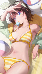  ball beachball bikini breasts brown_hair food food_in_mouth hair_ornament highres hololive jacket lying navel nilitsu on_back oozora_subaru open_clothes open_jacket popsicle popsicle_in_mouth string_bikini striped_bikini striped_clothes swimsuit 