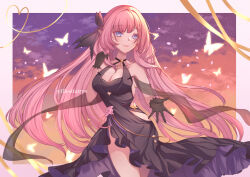  absurdres bare_shoulders black_dress black_gloves black_ribbon blue_eyes border breasts bug butterfly cleavage closed_mouth clothing_cutout cowboy_shot dress elf elysia_(honkai_impact) elysia_(miss_pink_elf)_(honkai_impact) female gloves gradient_sky hair_ribbon highres honkai_(series) honkai_impact_3rd illestfairys large_breasts long_hair official_alternate_costume pink_border pink_hair pink_theme pointy_ears ribbon side_cutout sky smile solo thighs too_many too_many_butterflies twitter_username very_long_hair white_butterfly 