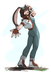  animal_ears blue_jumpsuit brown_eyes brown_hair cropped_jacket female fingerless_gloves full_body gloves goggles goggles_on_head hair_between_eyes highres jacket jumpsuit kmusy_mp4 looking_at_viewer makihara_arina offering_hand open_mouth rabbit_ears red_footwear red_gloves shoes short_hair sneakers solo waku_waku_7 white_jacket 