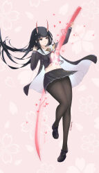  absurdres azur_lane black_hair black_jacket black_serafuku black_skirt breasts bug butterfly demon_girl demon_horns energy_sword expressionless female full_body hands_up highres hip_focus holding holding_sword holding_weapon horns impaled jacket legs looking_up midriff miniskirt nail_polish navel neckerchief noshiro_(azur_lane) oni open_clothes open_jacket open_mouth panties panties_under_pantyhose pantyhose pink_nails pleated_skirt purple_eyes red_butterfly sailor_collar school_uniform serafuku shirt skirt small_breasts solo stab standing standing_on_one_leg striped_clothes sword takedzutsu_sake thighs torn_clothes torn_shirt underwear vertical-striped_clothes weapon 